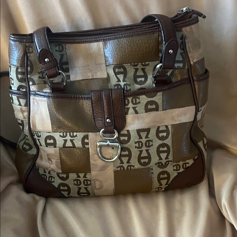 Etienne Aigner Brown and Tan Patterned Shoulder Bag
